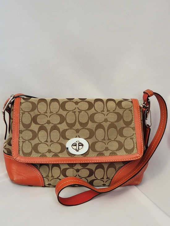 Coach Handbags - Coach Signature Canvas Crossbody in Tan and Orange Trim